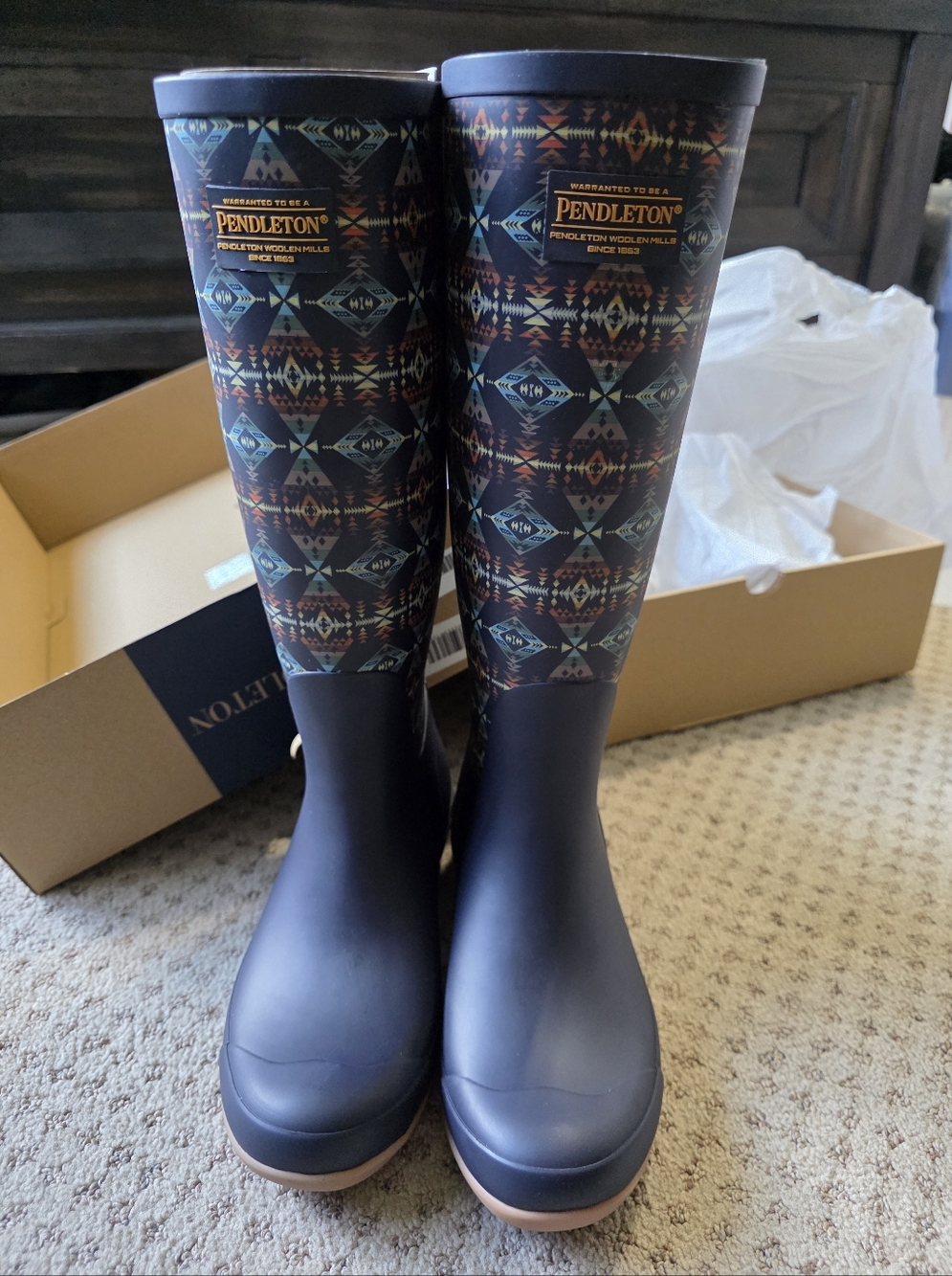 Pendleton Patterned Tall Rain Boots in Navy and Brown